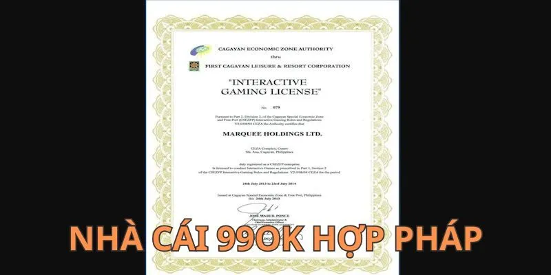 99OK là nhà cái hoạt động hợp pháp, có giấy phép rõ ràng